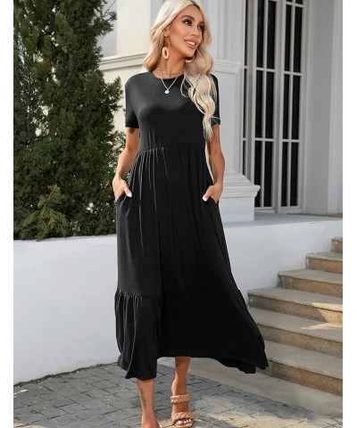 Women's Summer Casual Short Sleeve Crewneck Sundress Flowy Tiered Maxi Beach Dress Long Beach Midi Dress with Pockets. Black ...