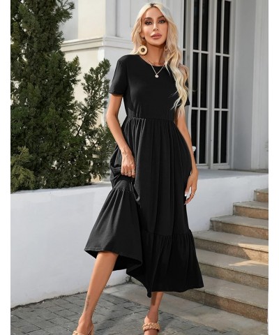 Women's Summer Casual Short Sleeve Crewneck Sundress Flowy Tiered Maxi Beach Dress Long Beach Midi Dress with Pockets. Black ...