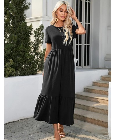 Women's Summer Casual Short Sleeve Crewneck Sundress Flowy Tiered Maxi Beach Dress Long Beach Midi Dress with Pockets. Black ...