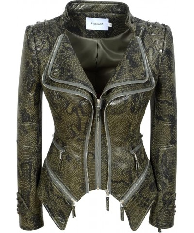 Women's Snake Pattern Rivet Studded PU Faux Leather Jacket Moto Biker Coat Snake Green $37.62 Coats