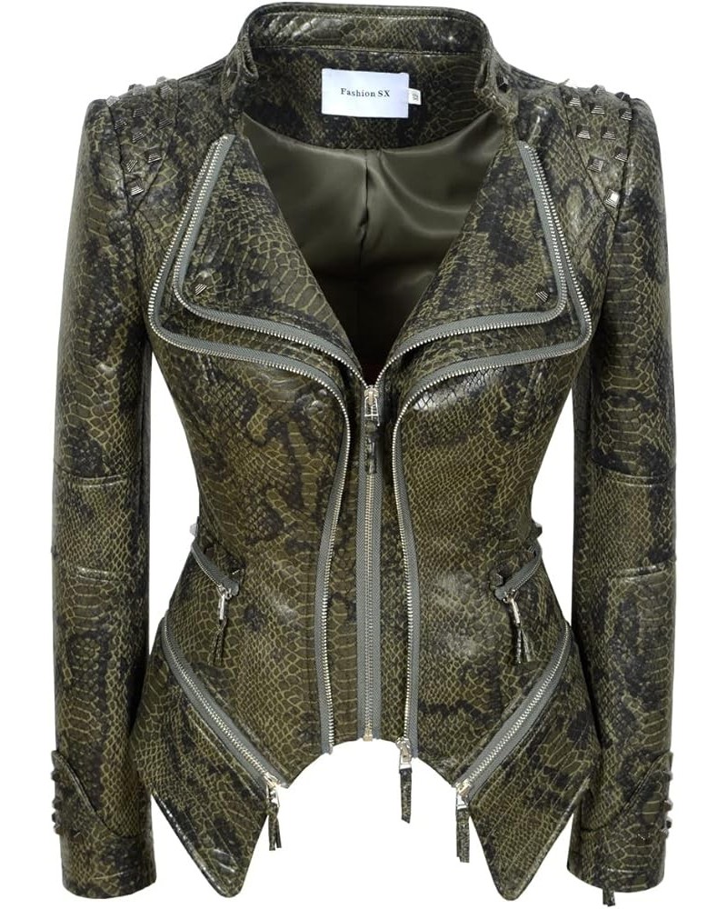 Women's Snake Pattern Rivet Studded PU Faux Leather Jacket Moto Biker Coat Snake Green $37.62 Coats