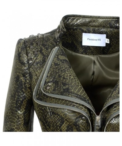 Women's Snake Pattern Rivet Studded PU Faux Leather Jacket Moto Biker Coat Snake Green $37.62 Coats