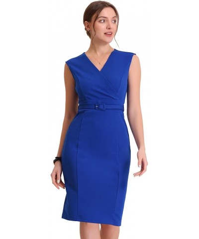 Sheath Dress for Women's Sleeveless V Neck Business Office Belt Pencil Dresses Royal Blue $23.71 Dresses