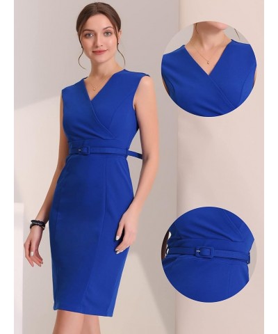 Sheath Dress for Women's Sleeveless V Neck Business Office Belt Pencil Dresses Royal Blue $23.71 Dresses