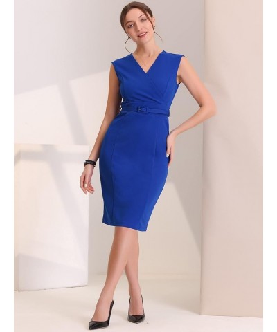 Sheath Dress for Women's Sleeveless V Neck Business Office Belt Pencil Dresses Royal Blue $23.71 Dresses