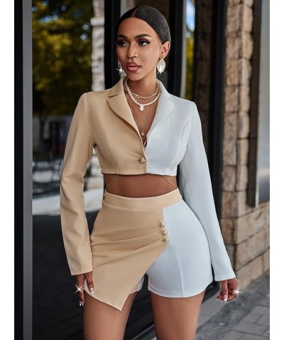 Women's Cropped Colorblock Blazer Jacket and High Waist Side Buttons Irregularly Short Suit Sets Apricot $20.15 Blazers