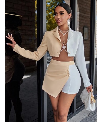 Women's Cropped Colorblock Blazer Jacket and High Waist Side Buttons Irregularly Short Suit Sets Apricot $20.15 Blazers