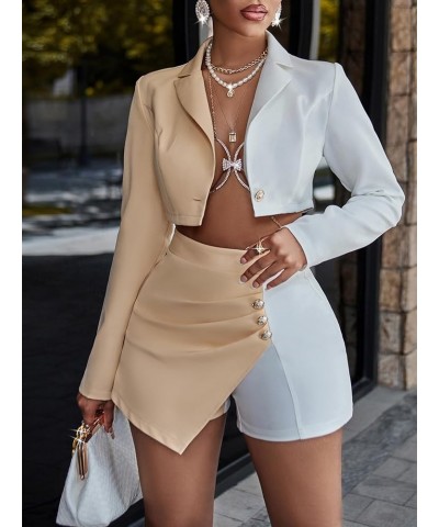 Women's Cropped Colorblock Blazer Jacket and High Waist Side Buttons Irregularly Short Suit Sets Apricot $20.15 Blazers