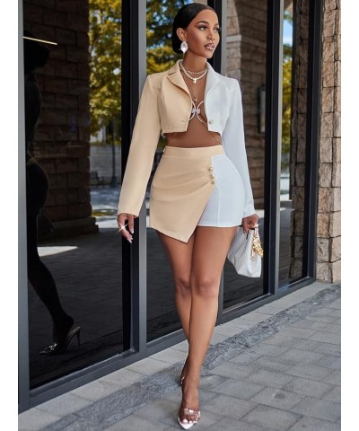 Women's Cropped Colorblock Blazer Jacket and High Waist Side Buttons Irregularly Short Suit Sets Apricot $20.15 Blazers