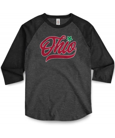 State of Ohio Script Pride Shirt Dot I Buckeye Leaf Unisex Graphic Baseball Tee Black Heather/Black $13.77 T-Shirts