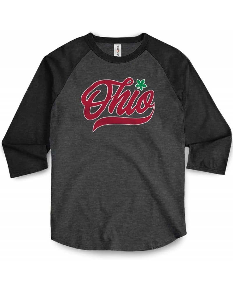 State of Ohio Script Pride Shirt Dot I Buckeye Leaf Unisex Graphic Baseball Tee Black Heather/Black $13.77 T-Shirts