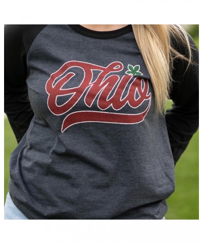 State of Ohio Script Pride Shirt Dot I Buckeye Leaf Unisex Graphic Baseball Tee Black Heather/Black $13.77 T-Shirts