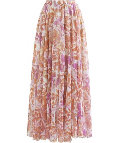 Women's Floral Watercolor Flower Maxi Floral Chiffon Slip Skirt Rose Painting $26.49 Skirts