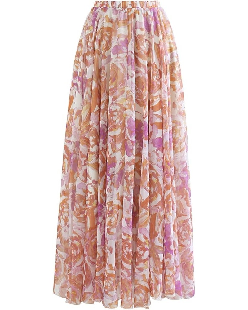 Women's Floral Watercolor Flower Maxi Floral Chiffon Slip Skirt Rose Painting $26.49 Skirts