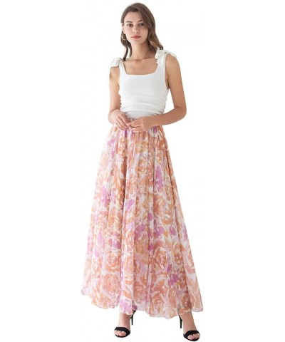 Women's Floral Watercolor Flower Maxi Floral Chiffon Slip Skirt Rose Painting $26.49 Skirts