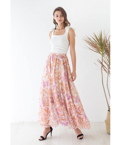 Women's Floral Watercolor Flower Maxi Floral Chiffon Slip Skirt Rose Painting $26.49 Skirts