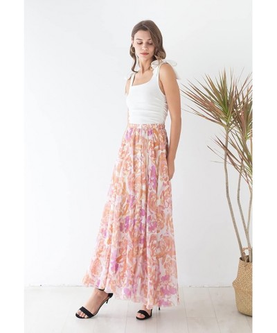 Women's Floral Watercolor Flower Maxi Floral Chiffon Slip Skirt Rose Painting $26.49 Skirts