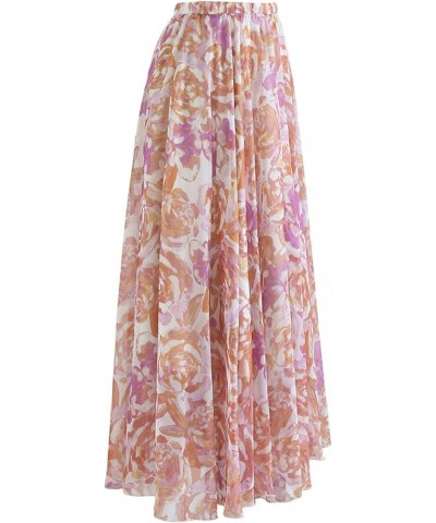 Women's Floral Watercolor Flower Maxi Floral Chiffon Slip Skirt Rose Painting $26.49 Skirts