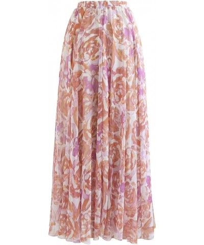 Women's Floral Watercolor Flower Maxi Floral Chiffon Slip Skirt Rose Painting $26.49 Skirts