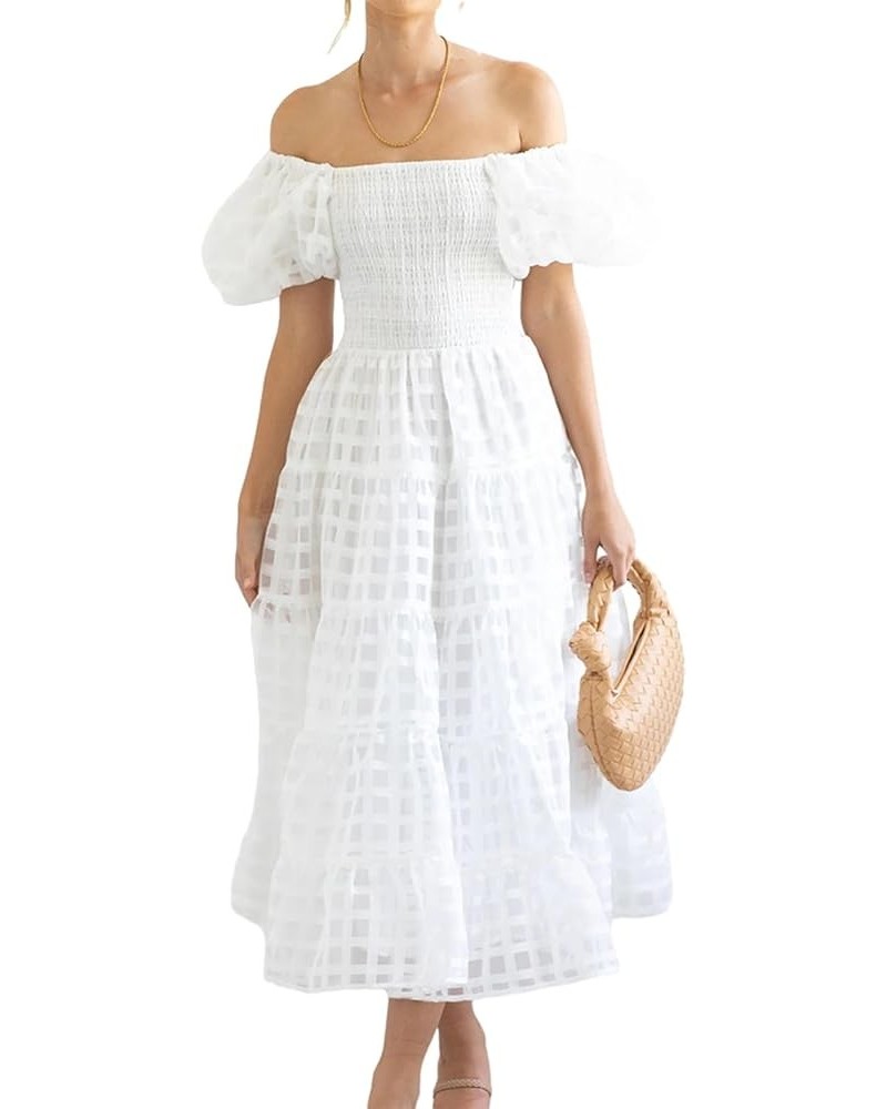 Women 2023 Off Shoulder Summer Midi Dress Puffy Short Sleeve Square Neck Smocked Gingham Tulle Tiered Ruffle Dresses White $1...