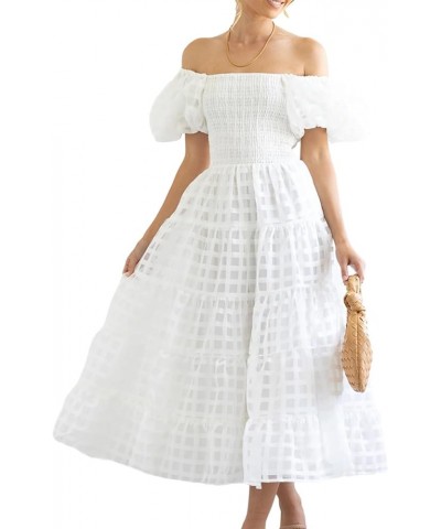 Women 2023 Off Shoulder Summer Midi Dress Puffy Short Sleeve Square Neck Smocked Gingham Tulle Tiered Ruffle Dresses White $1...