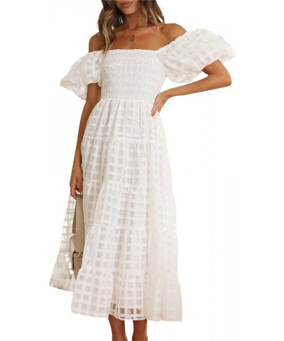 Women 2023 Off Shoulder Summer Midi Dress Puffy Short Sleeve Square Neck Smocked Gingham Tulle Tiered Ruffle Dresses White $1...