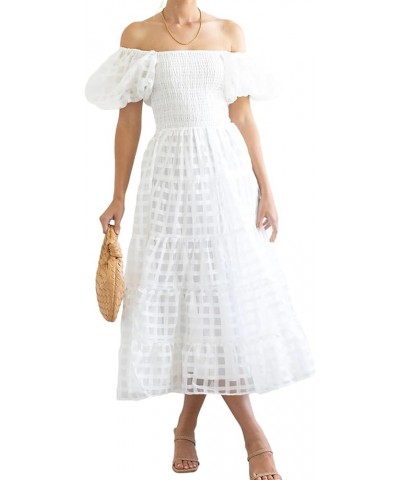 Women 2023 Off Shoulder Summer Midi Dress Puffy Short Sleeve Square Neck Smocked Gingham Tulle Tiered Ruffle Dresses White $1...