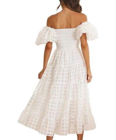 Women 2023 Off Shoulder Summer Midi Dress Puffy Short Sleeve Square Neck Smocked Gingham Tulle Tiered Ruffle Dresses White $1...