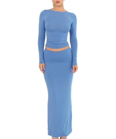 2 Piece Skirt Outfits for Women Sexy Going Out Y2K Long Sleeve Bodycon Crop Tops Shirt High Waist Maxi Skirt Set Blue $10.59 ...