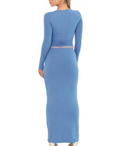 2 Piece Skirt Outfits for Women Sexy Going Out Y2K Long Sleeve Bodycon Crop Tops Shirt High Waist Maxi Skirt Set Blue $10.59 ...