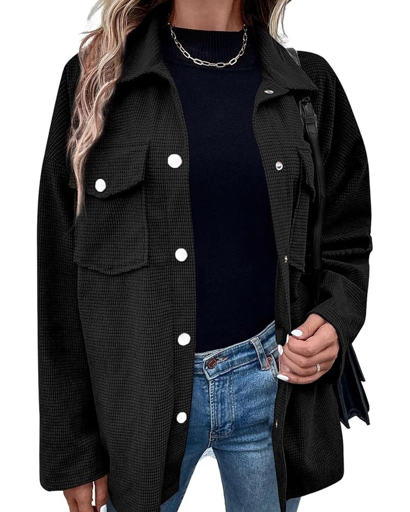 Womens Waffle Knit Long Shacket Jacket Oversized Casual Blouses Button Down Collared Dressy Shirts Black $20.51 Blouses