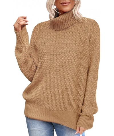 Womens Turtleneck Long Sleeve Knit Pullover Sweaters Solid Fall Winter Casual Spilt Hem Sweater Tops Light Tan $5.30 Sweaters