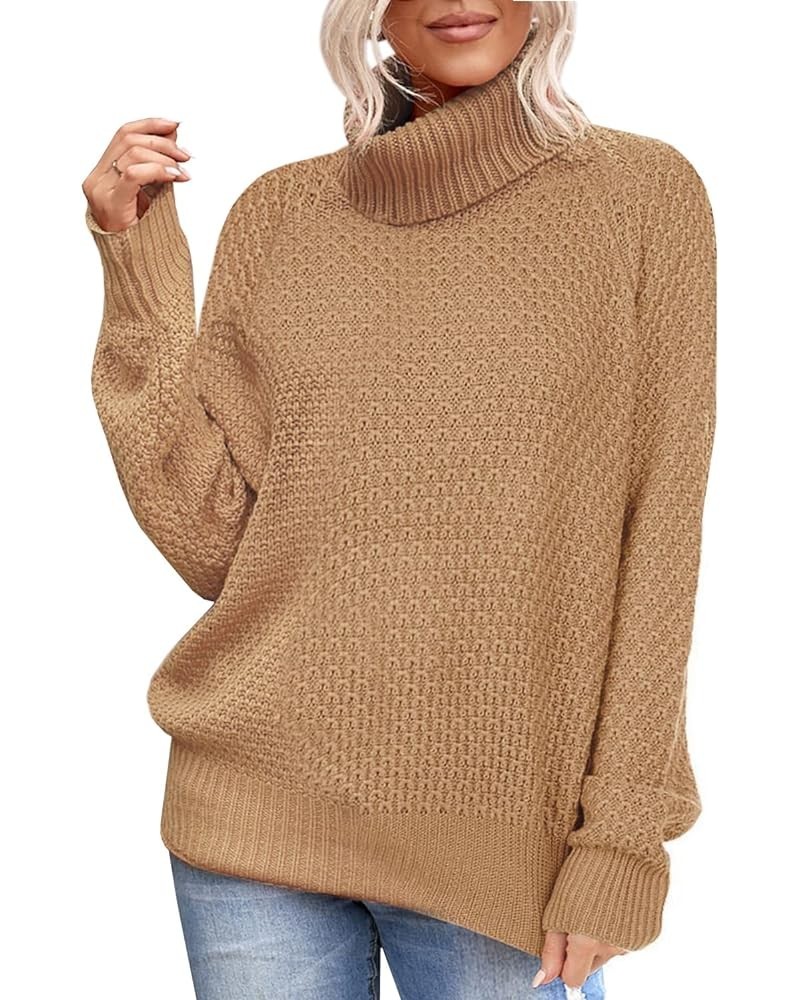 Womens Turtleneck Long Sleeve Knit Pullover Sweaters Solid Fall Winter Casual Spilt Hem Sweater Tops Light Tan $5.30 Sweaters