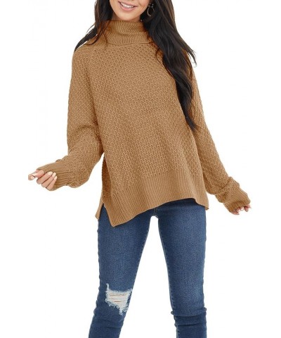 Womens Turtleneck Long Sleeve Knit Pullover Sweaters Solid Fall Winter Casual Spilt Hem Sweater Tops Light Tan $5.30 Sweaters