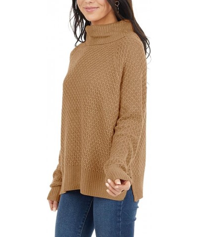 Womens Turtleneck Long Sleeve Knit Pullover Sweaters Solid Fall Winter Casual Spilt Hem Sweater Tops Light Tan $5.30 Sweaters