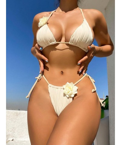 Women's String Thong Swimsuit High Cut 3D Flower Triangle Bikini Set Bathing Suit Pure Beige $13.16 Swimsuits