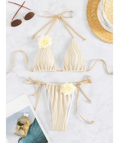 Women's String Thong Swimsuit High Cut 3D Flower Triangle Bikini Set Bathing Suit Pure Beige $13.16 Swimsuits