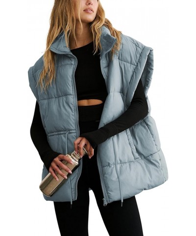 Womens Puffer Vest Lightweight Drawstring Quilted Stand Collar Zip Up Sleeveless Padded Gilet Oversized Coat Pocket Dustyblue...