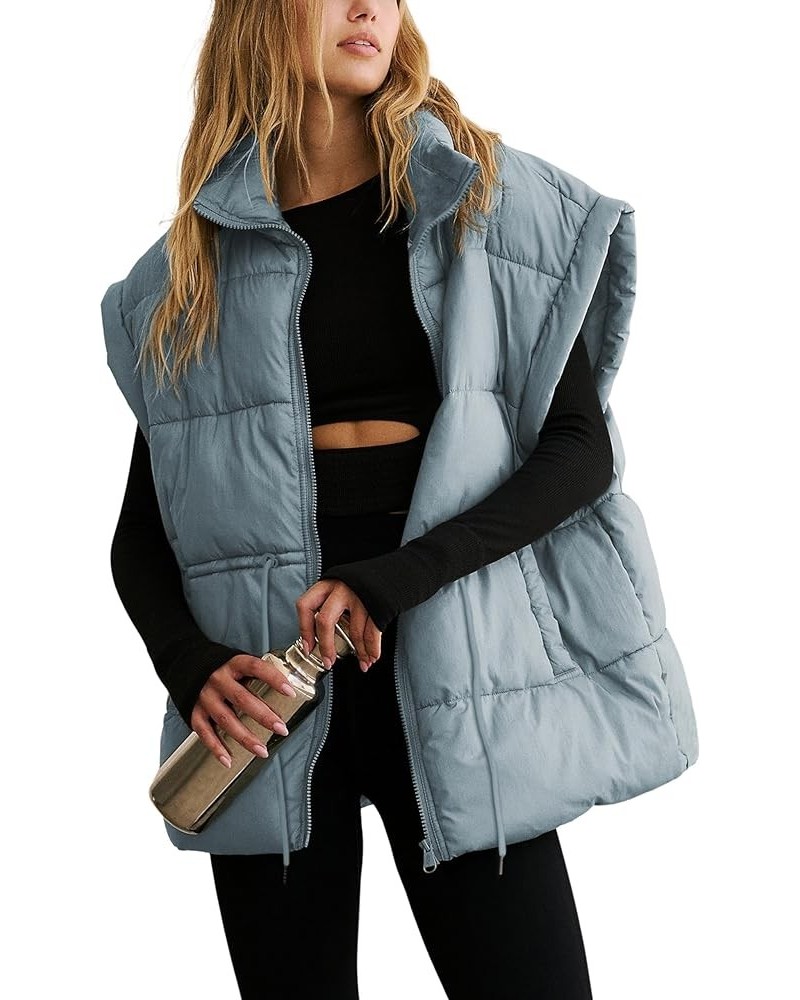 Womens Puffer Vest Lightweight Drawstring Quilted Stand Collar Zip Up Sleeveless Padded Gilet Oversized Coat Pocket Dustyblue...