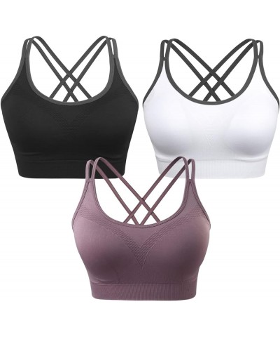 Strappy Women's Sports Bra Cross Back Tops for Running Fitness Removable Padded Workout Yoga Bras 3pack(black+white+purple) $...