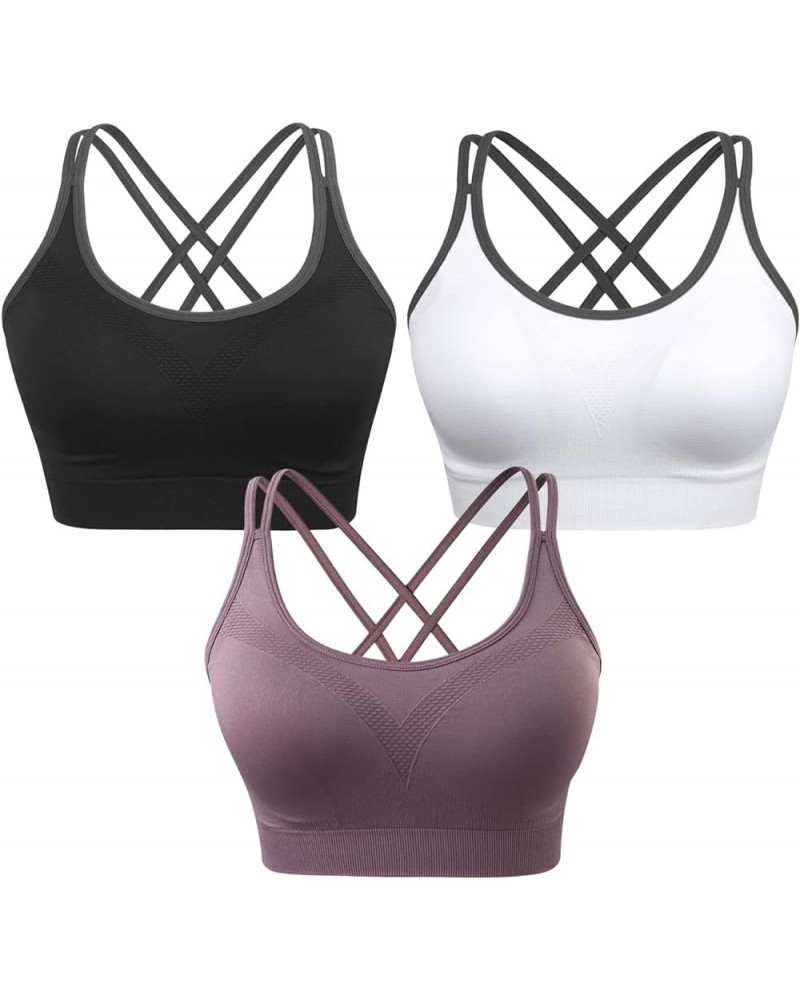 Strappy Women's Sports Bra Cross Back Tops for Running Fitness Removable Padded Workout Yoga Bras 3pack(black+white+purple) $...