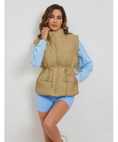 Womens Puffer Vest Lightweight Drawstring Quilted Stand Collar Zip Up Sleeveless Padded Gilet Oversized Coat Pocket Dustyblue...