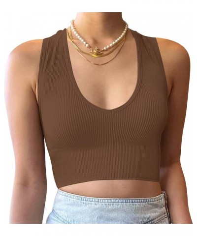 Women's Sexy Deep Plunge V Neck Crop Vest Ribbed Sleeveless Solid Fitted Cropped Tank Top Workout Yoga Coffee Brown $9.20 Tanks