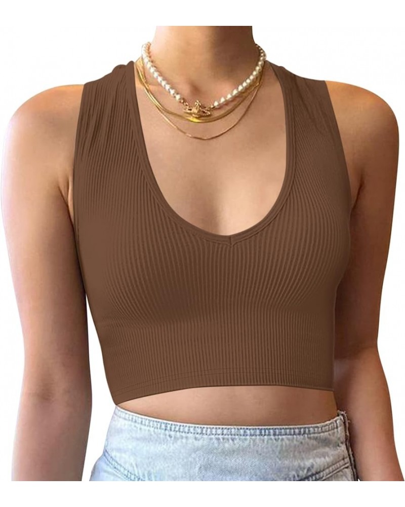 Women's Sexy Deep Plunge V Neck Crop Vest Ribbed Sleeveless Solid Fitted Cropped Tank Top Workout Yoga Coffee Brown $9.20 Tanks