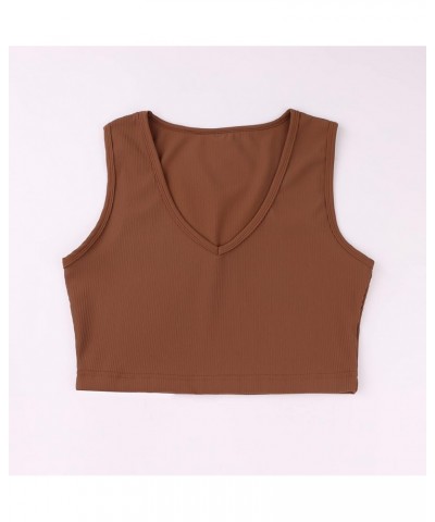 Women's Sexy Deep Plunge V Neck Crop Vest Ribbed Sleeveless Solid Fitted Cropped Tank Top Workout Yoga Coffee Brown $9.20 Tanks