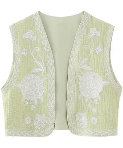 Women‘s Vintage Floral Embroidered Coat Ladies National Style Vest Jacket Outfits Casual Vacation Crop Top Vest Lightgreen S ...