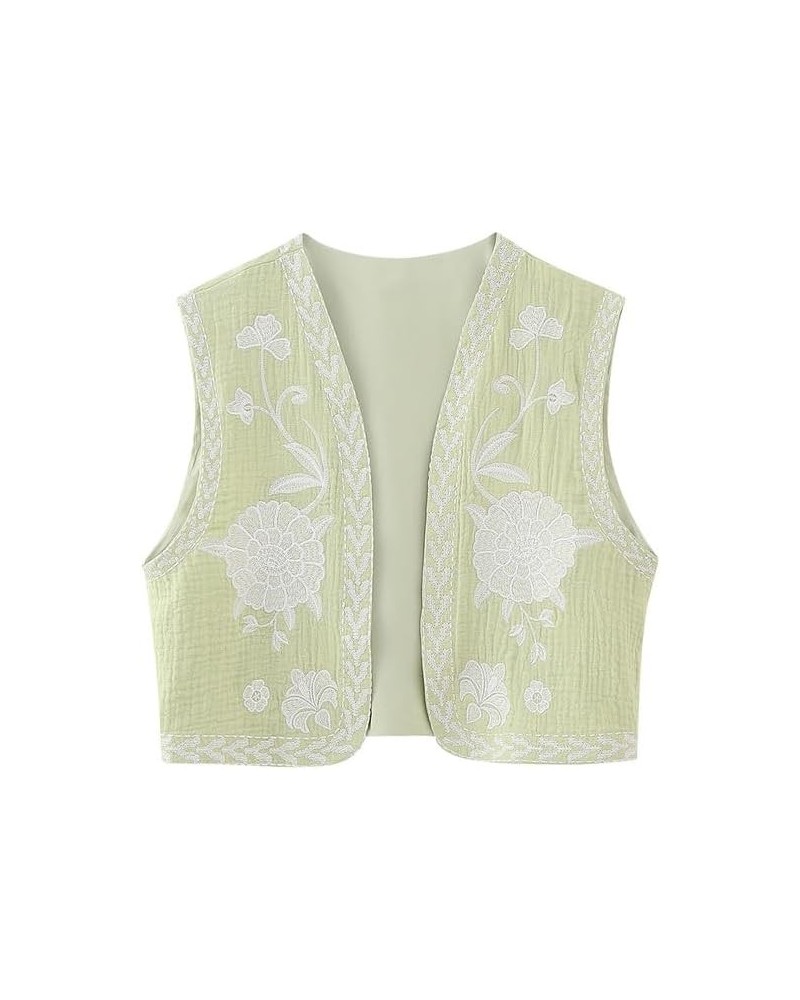 Women‘s Vintage Floral Embroidered Coat Ladies National Style Vest Jacket Outfits Casual Vacation Crop Top Vest Lightgreen S ...