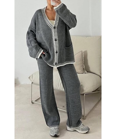 Women Casual Two Piece Knit Sweater Set Button Down Cardigan Sweater Knitted Embroidery Lounge Pants Set Dark Grey $23.10 Swe...