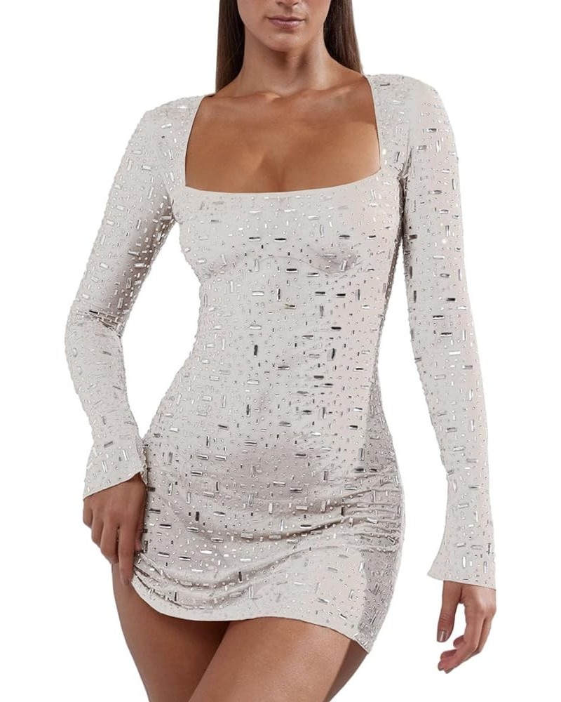 Women's Sexy Rhinestone Long Sleeve Bodycon Mini Dresses Party Club Night Dress Birthday Short Dress 01white $19.59 Dresses