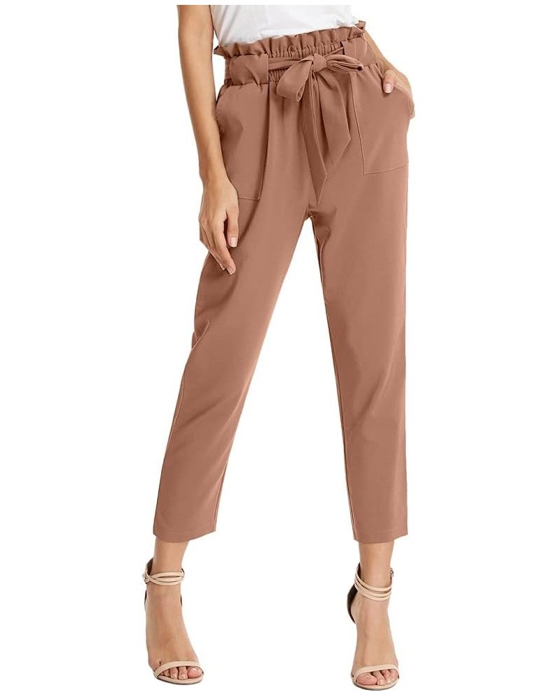 Women's Paper Bag Waist Pants Slim Fit Casual Office Pencil Pants Apricot $13.42 Activewear